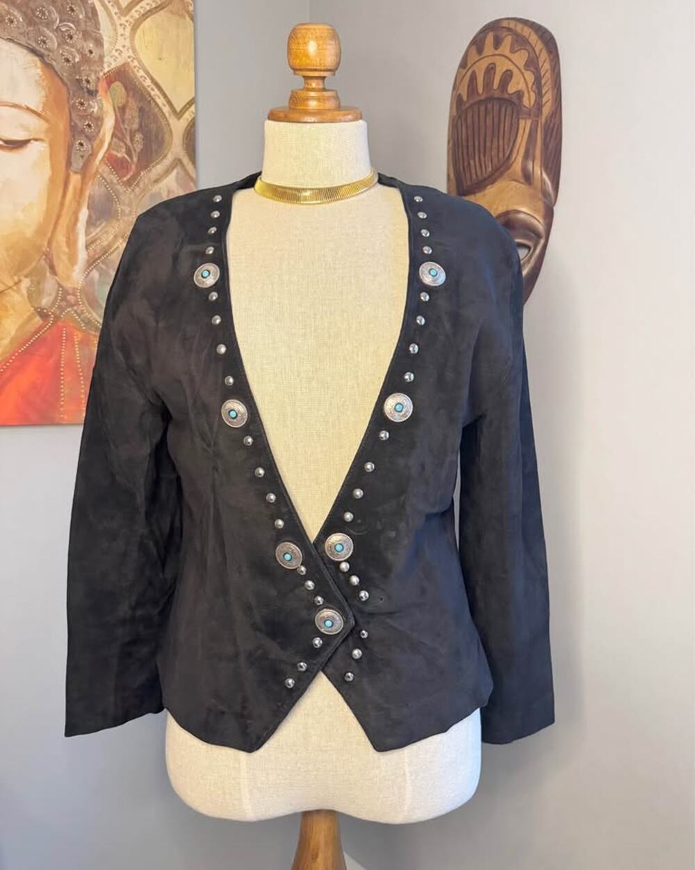 Vintage Arella Western Boho Genuine Leather Suede Jacket-Turquoise Concho Studs